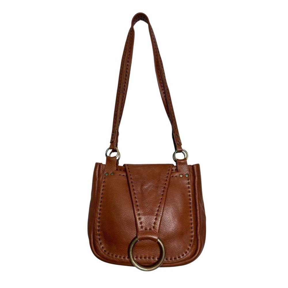 Vintage Leather Handbag Brown Retro Flap Brass Ring Whipstitch Heavyweight Boho